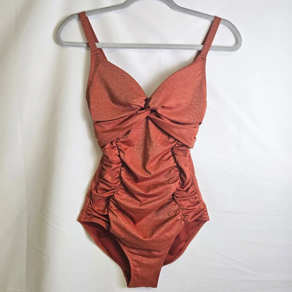 Maurices Sparkle Ruched One Piece Swimsuit Adjustable Straps Rust‎ Orange Small